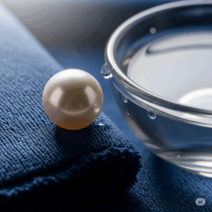 A single white pearl sits beside a grey microfiber cloth and a ceramic bowl, representing the gentle tools needed for cleaning pearl jewelry at home.