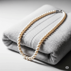 A single white pearl sits beside a grey microfiber cloth and a ceramic bowl, representing the gentle tools needed for cleaning pearl jewelry at home.